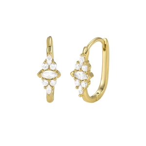 Detail of gold huggie hoop earrings featuring marquise and round zircon clusters