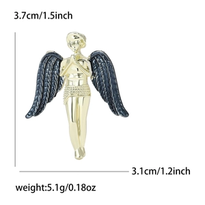 Detailed dimensions of the gold and dark blue enamel angel brooch in inches and cm