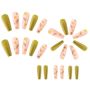 Detail of 24pcs olive green glitter and daisy pattern long ballerina press-on nails