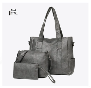 Three-piece dark gray tote bag set featuring a textured leather look and retro design