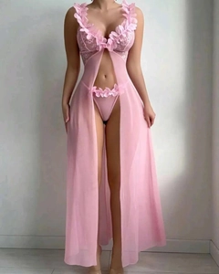 Detailed view of pink mesh lingerie set featuring 3D floral petals and lace trim