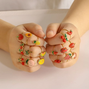 Colorful fruit and plant enamel stainless steel gold plated open ring set for women
