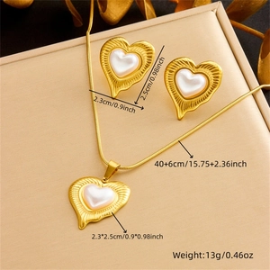 Golden stainless steel heart pearl necklace and earrings set with dimension markings