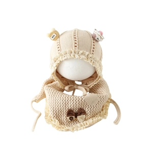 Winter baby knit hat and scarf set with cute bear ears and lace trim in warm beige