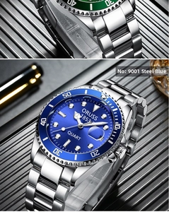 Macro shot of steel blue sunray dial and rotating bezel on ORUSS 9001 quartz watch
