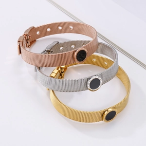 Stainless Steel Mesh Strap Bracelet With Black Roman Numeral Round Charm Adjustable Watch Band Style Jewelry For Women