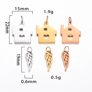 Polished stainless steel house and feather DIY charms with precise size measurements