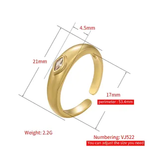 Adjustable gold plated open ring with marquise zircon stone and product size dimensions