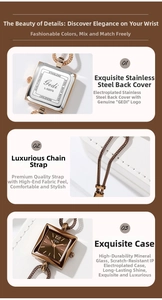 Detailed view of women's square watch featuring a rose gold chain strap and polished case