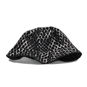 Stylish black bucket hat featuring a shiny silver sequin diamond pattern for sun protection