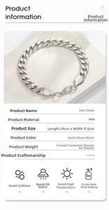 Detail view of silver plated iron curb chain bracelet showing dimensions 24cm by 0.5cm