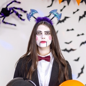 Halloween bat headband with holographic wings and purple faux fur for party dress up