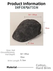 Detailed size specifications for the vintage grey cotton newsboy cap with metal eyelets