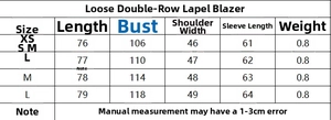 Detailed size chart for the double-breasted blazer and trousers set with measurements