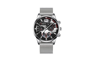 Detailed close-up of Geneva men's watch with black chronograph dial and silver mesh strap