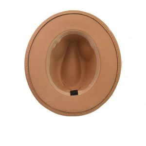Internal view of camel wool felt fedora featuring a beige sweatband and care label