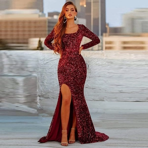 Sequin Mermaid Evening Gown Long Sleeve High Split Slim Fit Formal Party Dress For Women Elegant Sparkly Maxi