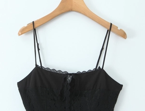 Close-up of black lace camisole dress featuring thin straps and delicate lace textures