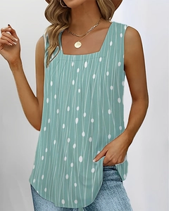 Women's square neck sleeveless polka dot tank top in turquoise with pleated chest detail