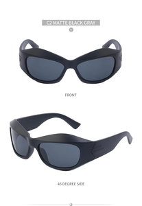 Front and 45-degree side views of matte black Y2K wrap-around cycling sunglasses