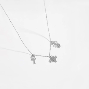 Vintage S925 silver necklace with Ankh and Jerusalem cross charms on a thin chain