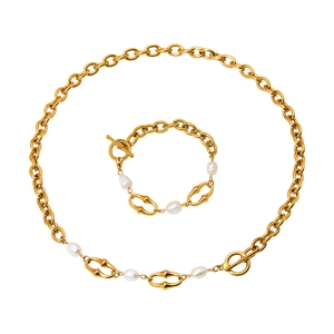 Gold plated bamboo link necklace and bracelet set with natural freshwater pearls and OT clasp