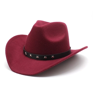 Classic wine red western cowboy hat with felt texture and golden star studded leather belt