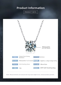 Size chart showing S925 sterling silver moissanite pendant specs in 1, 2, and 3 carats
