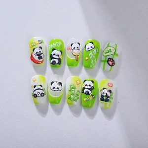 3D embossed panda and bamboo nail stickers set with green and white matte finish