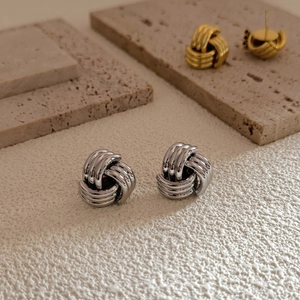 Minimalist twisted rope knot stud earrings in polished silver and 18K gold plated finish