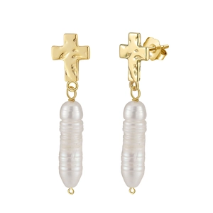 Vintage Künstliche Barockperlen Hängeohrringe Mit Kreuzanhänger 14K Vergoldet 925 Sterling Silber Ohrstecker Für Damen Retro Stil
