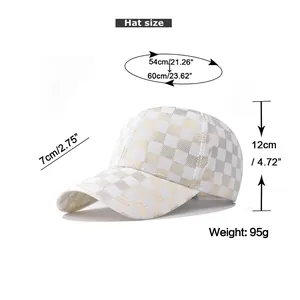 Detailed sizing chart for plaid satin baseball cap showing 54-60cm head circumference