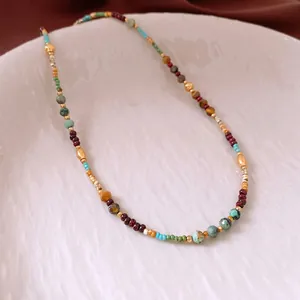 Bohemian retro beaded necklace with colorful turquoise and gold-plated titanium steel accents