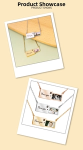 Detail of sliding envelope photo locket in silver, gold, and rose gold with engraving