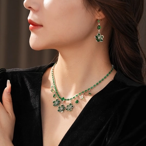 Elegant emerald green zircon flower and waterdrop necklace earring jewelry set for women