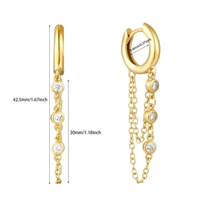 Elegant 18K gold huggie hoop earrings with long zircon tassel dangles and dimension specs