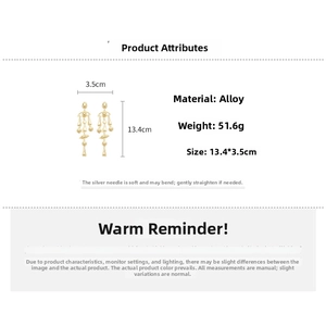 Detailed dimension chart for vintage gold tassel earrings with silver needles and alloy