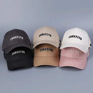 Collage of six hard-top cotton baseball caps with 3D Creative embroidery in various colors