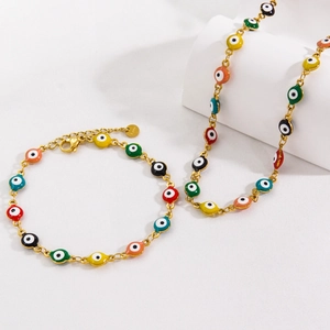 Colorful evil eye enamel charms on gold stainless steel necklace and bracelet jewelry set