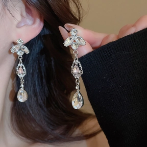 Detail of silver drop tassel earrings with sparkling crystals worn by model