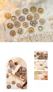 Detail of vintage 3D wax seal stickers made of Sheng wood paper for scrapbooking