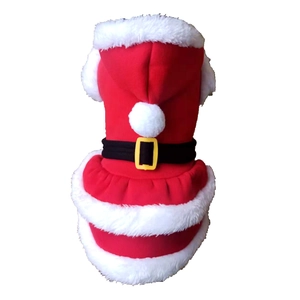 Detail of red and white velvet pet Christmas outfit with black belt and pompom hat