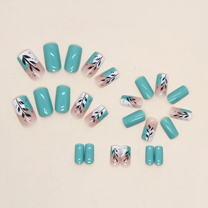 Blue and nude press-on nails with leaf patterns in a 24-piece square-round shape set
