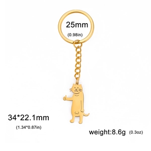 Gold stainless steel thumbs-up cat keychain with 34x22.1mm pendant and 25mm ring size