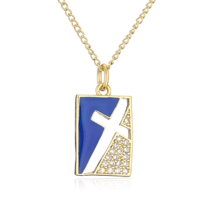 Detail of 18K gold-plated square pendant necklace with blue enamel and cross zircon inlay