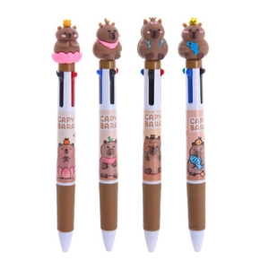 Set of 4 cute Capybara multi-color ballpoint pens with 3D animal toppers for journaling