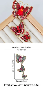 Detailed view of crystal butterfly brooch showing dimensions 11cm x 5cm and 33g weight