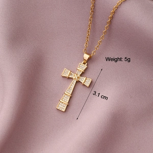 Detail of 3.1 cm gold-plated cross pendant with inlaid zircon and O-chain dimensions