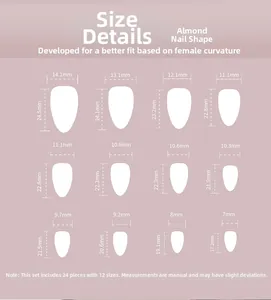 Size chart for almond-shaped press-on nails with detailed width and length measurements