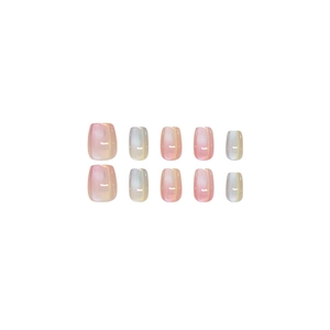 Pink and green gradient cat-eye press-on nails in short squoval shape, 10 piece set